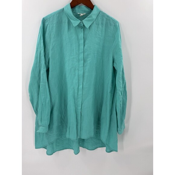 Eileen Fisher Shirt 100% Organic Irish Linen ButtonFront A Line Tunic Aqua LARGE - Picture 1 of 13